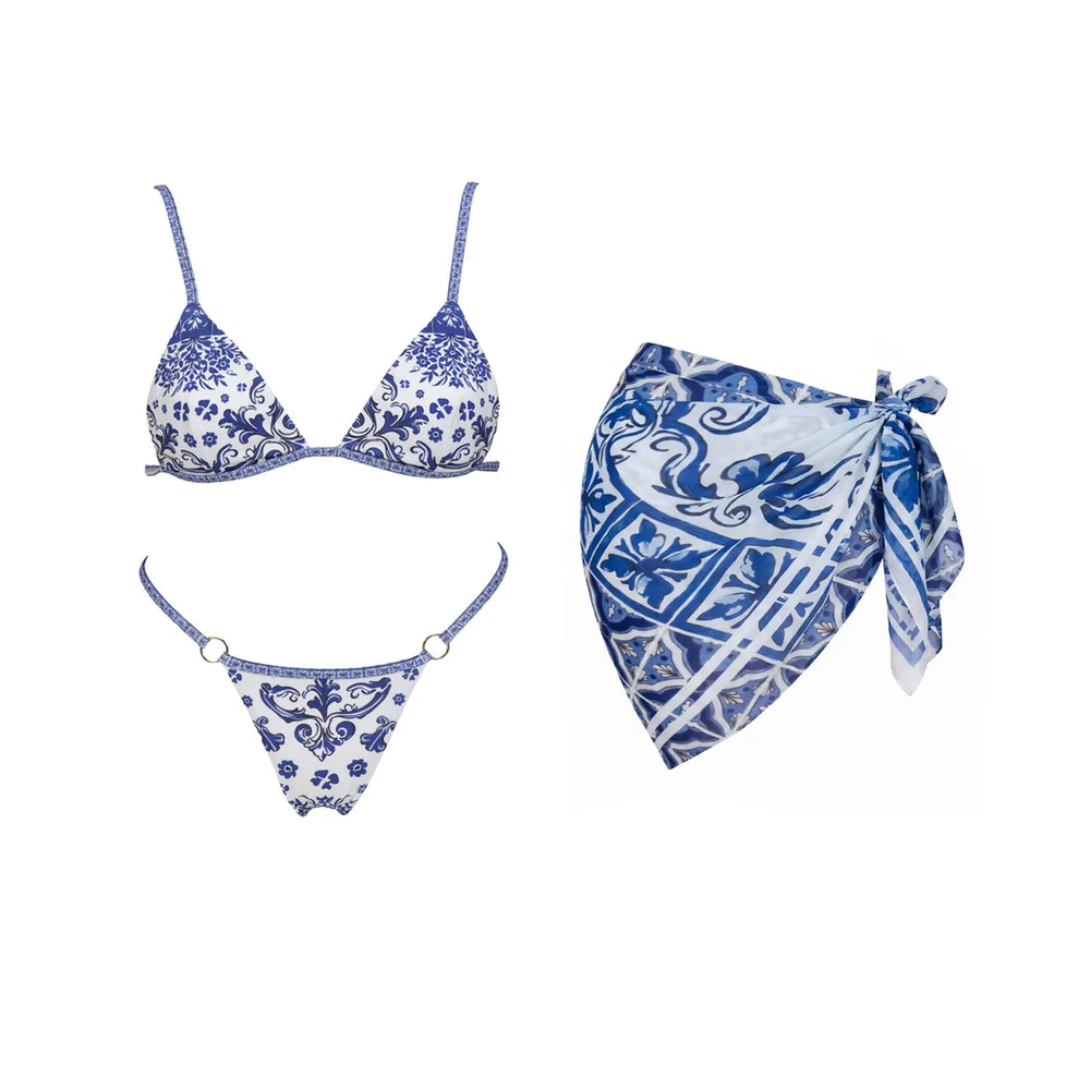 Blue and white patterned bikini top, bikini bottoms, and sarong