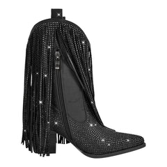 Black boot with rhinestone embellishments and fringe on a white background