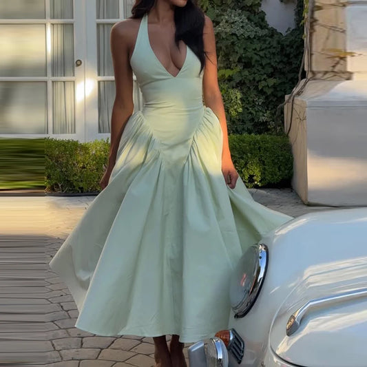 Light green v-neck halter maxi dress