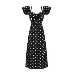 Polka Dot Off Shoulder Ruched Midi Dress