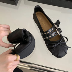 Silk Ballet Flats with Butterfly-Knot and Buckle Straps