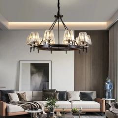 Lifestyle image showcasing the black chandelier as a bold focal point in a contemporary living room. Golden Atelier 3