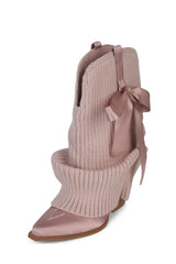 Ribbed Knit Slouchy Boots with Satin Bow Accent