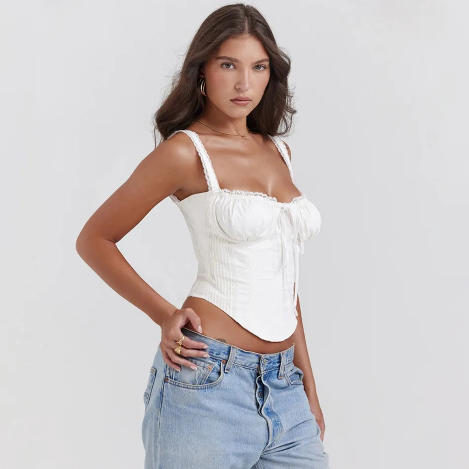 Lace Splicing Tie Short Irregular Solid Tops Babes Camisoles
