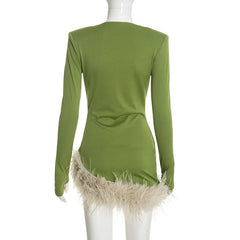 Faux Fur Trim Deep Neck Mini Dress