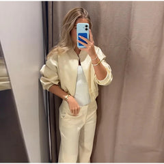 Cropped Ribbed Hem Bomber Jacket