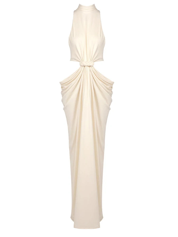 Elegant white halter neck gown with draped design on a white background