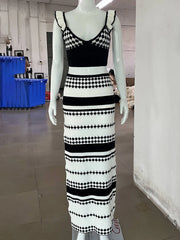 Knitted Black And White Stripe Crop Top And Maxi Skirt Two Piece Set Golden Atelier 4