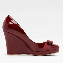 Wine patent leather bow platform wedge pump