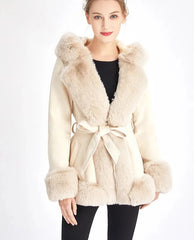  Golden Atelier Women's Faux Fur Hood Suede Coat with Belt Beige