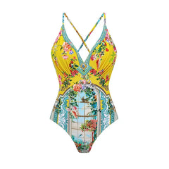 Yellow Print Ruffle Strap Swimwear Set