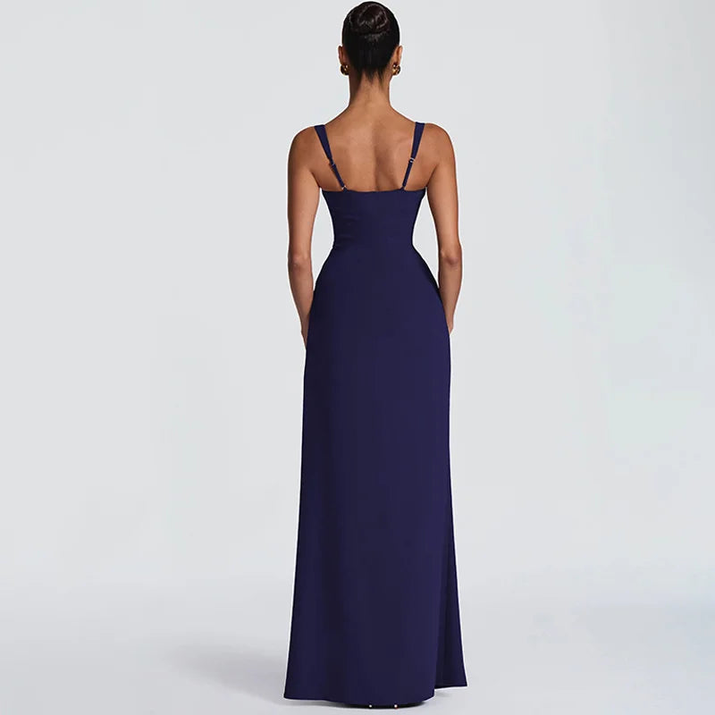 Navy blue evening gown on a white background