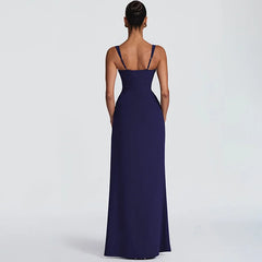 Navy blue evening gown on a white background