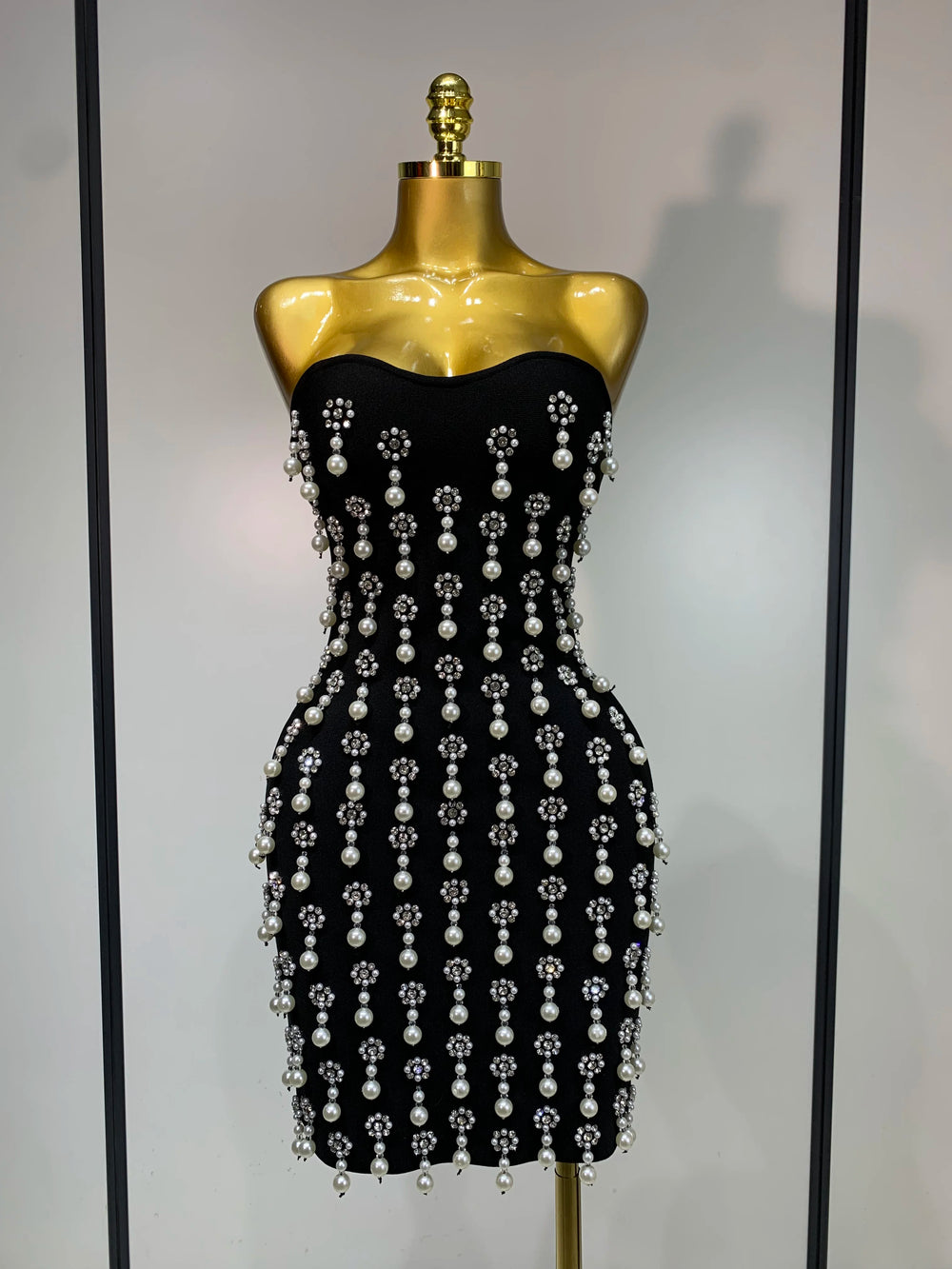 Strapless pearl and rhinestone embellished bodycon mini dress