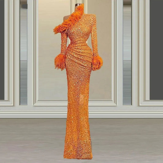 Orange Long Sleeved Bead String Mermaid Pleated Feather Prom Gowns