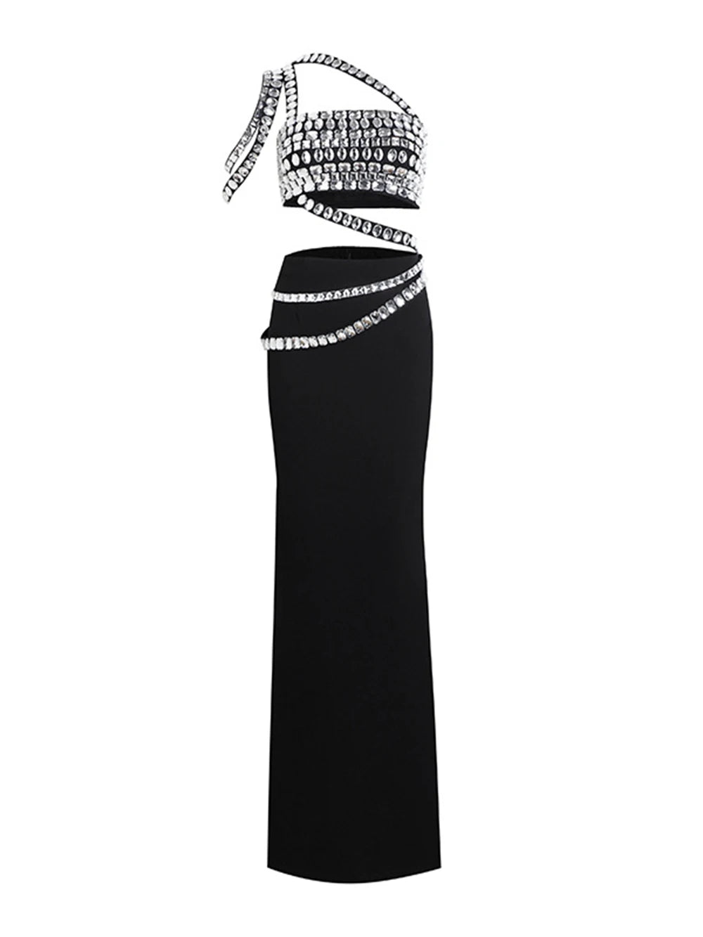 Black Crystal One Shoulder Top & Long Skirt Two-Piece Set