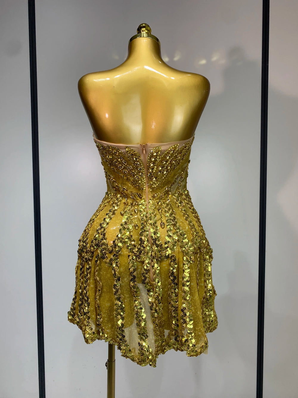 Strapless sequined diamond embellished mini dress back view