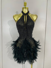 Black beaded feather halter dress