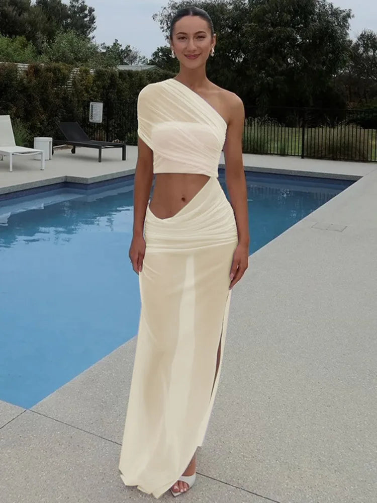 Mesh Backless One Shoulder Long Dress