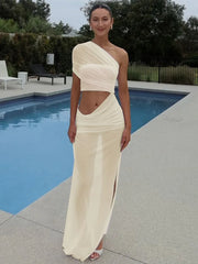 Mesh Backless One Shoulder Long Dress