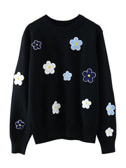 Floral Embroidered Loose Fit Pullover Sweater