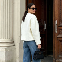 White Textured V-Neck Cropped Blazer