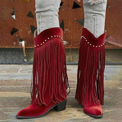 Metal Rivet Tassel Knee High Boots