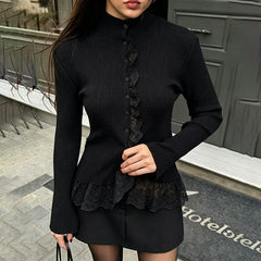 Ribbed Lace Trim Mock Neck Top