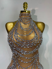 Chain Embellished Halter Mesh Gown