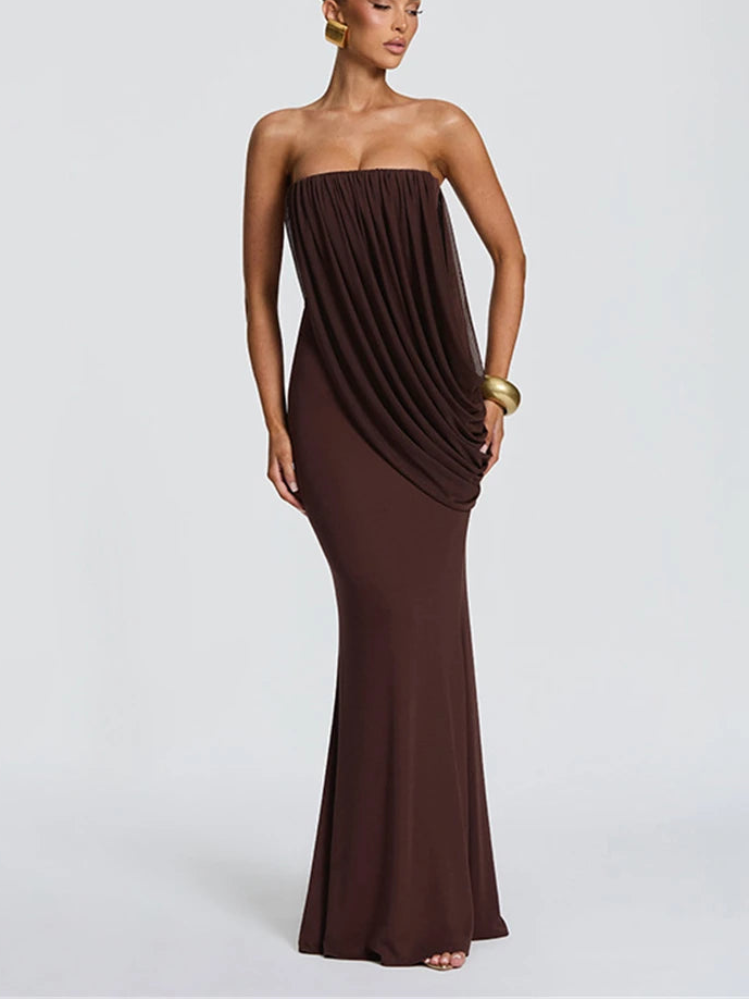 Brown draped strapless column maxi dress