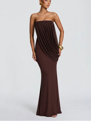Brown draped strapless column maxi dress