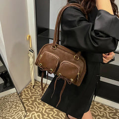 Bow design double pockets baguette bag for women