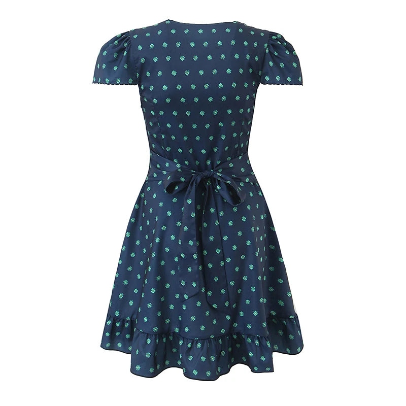 A-line mini dress with V-neck and puff sleeves, back view with tie