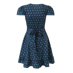 A-line mini dress with V-neck and puff sleeves, back view with tie
