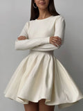 Elegant Long Sleeve O Neck Pleated Mini Dress