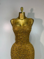 Sleeveless V-Neck Crystal Embellished Bodycon Floor-Length Dress