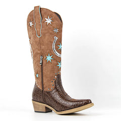 Brown embroidered star chunky heel boots