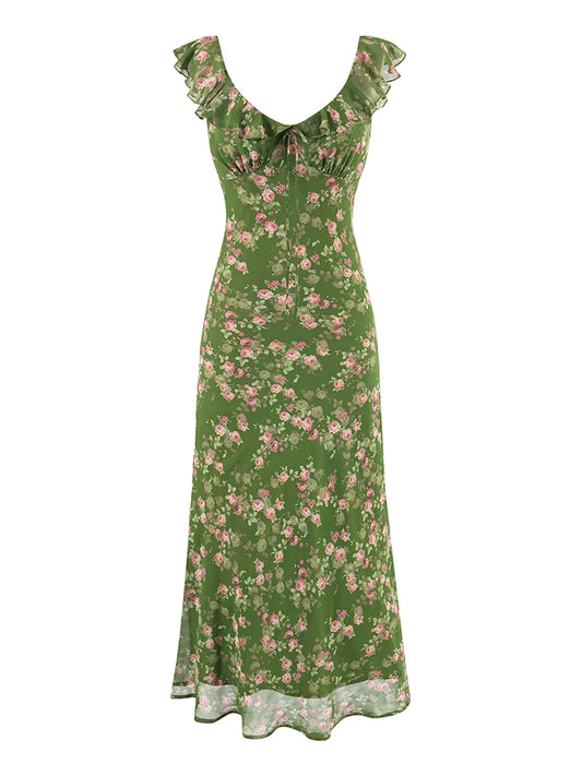 Ruffle V-neck sleeveless midi dress front view