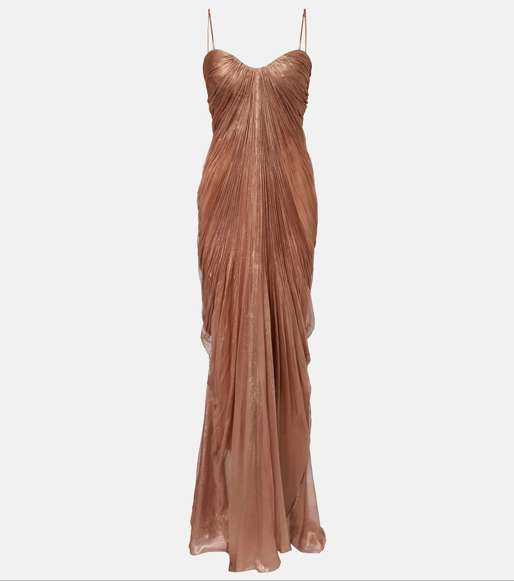 Front view of a floor-length ruched spaghetti strap evening gown.