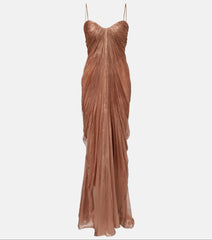 Front view of a floor-length ruched spaghetti strap evening gown.