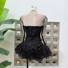 Strapless Sequin Embroidery Puffy Hem Mini Dress