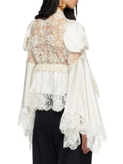 Lace V Neck Lace Up Ruffle Lace Up Blouse Top