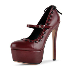Burgundy platform Mary Jane stiletto heels with black contrast stitching and back bow detail