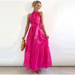 Halter Mesh Layered Belt Maxi Dress