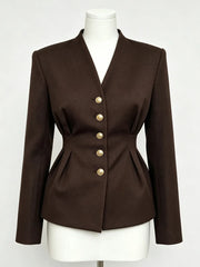 Peplum Waist V-Neck Pearl Button Blazer
