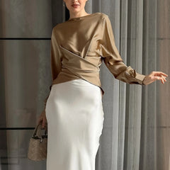 Gold Satin Round Neck Long Sleeve Bandage Design Blouse