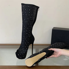 Crystal Mesh Peep Toe Platform Boots