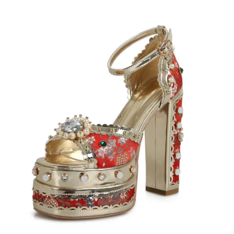 Red embellished platform stiletto heels with pearl and gemstone details