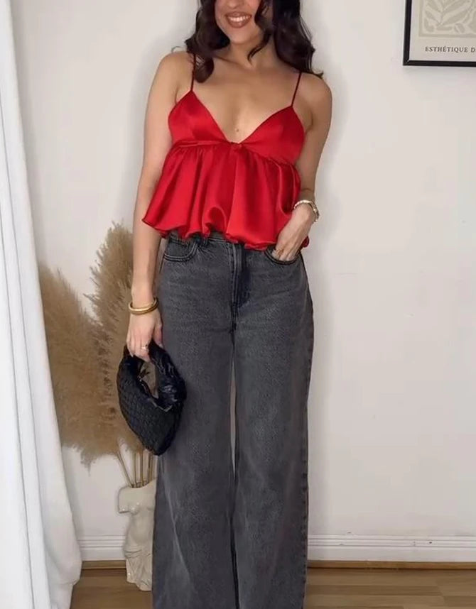 Red Solid Satin Puff Short Camisole Top