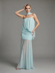 Chiffon spaghetti strap maxi dress with draped overlay